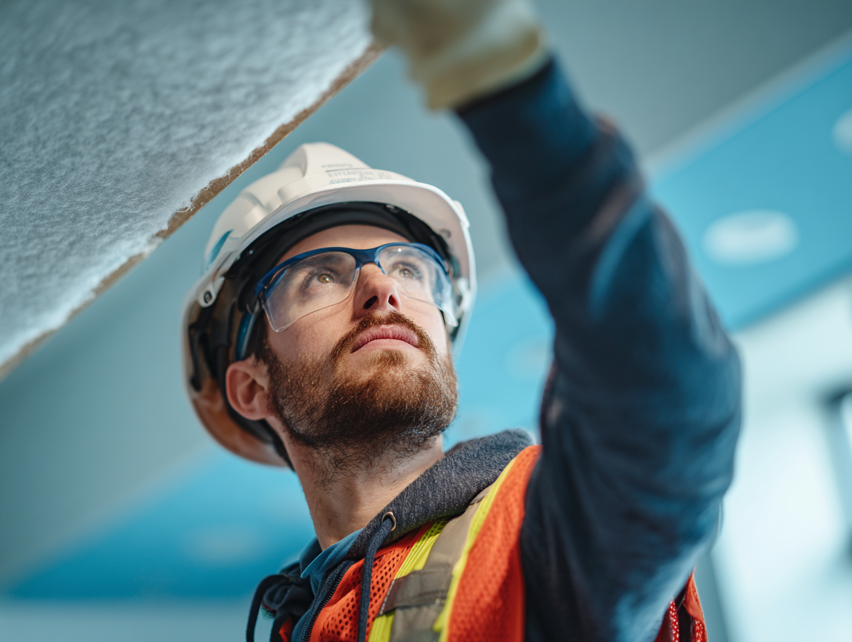 An installer wearing safety goggles and gloves carefully installs an acoustic panel